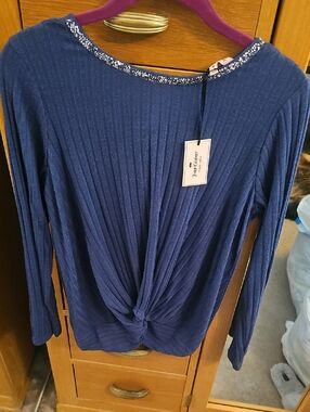 Juicy Couture Navy Ribbed Knot-Front Long Sleeve Top with Beaded Neckline
